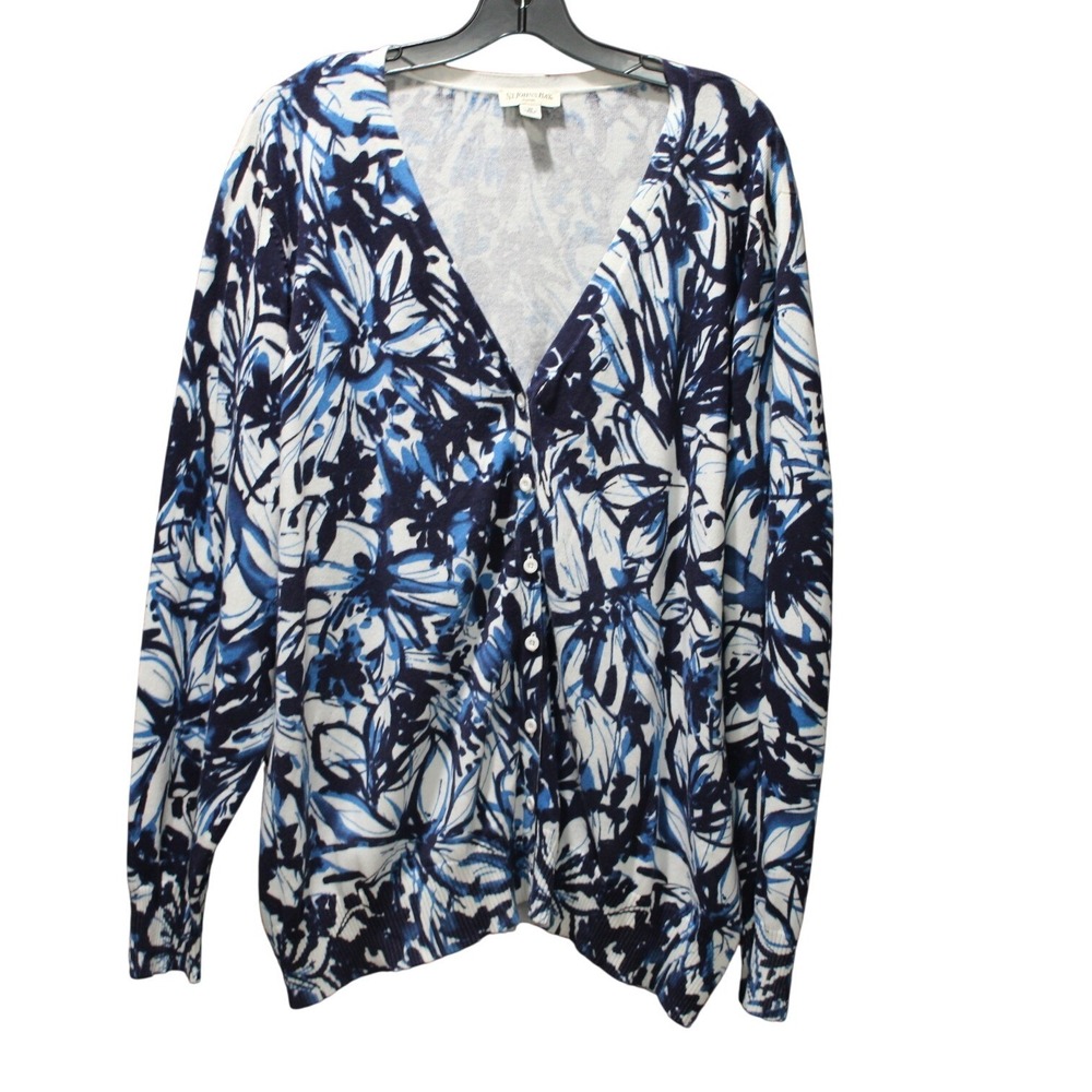 St John's Bay Woman Blue White Floral Button Cardigan 3X